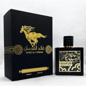 Perfume Qaed Al Fursan de Lattafa 100ml en caja negra y dorada.