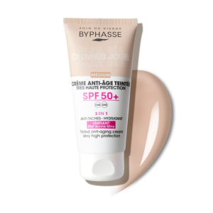 Crema anti-edad teñida Byphasse SPF 50+ con hidratante, protector solar y efecto unificante para todo tipo de piel.