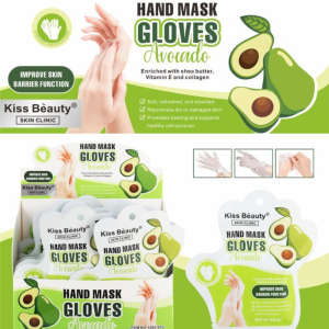 Guantes mascarilla hidratante para manos Kiss Beauty Avocado con colágeno, manteca de karité y vitamina E para reparar y suavizar la piel seca.